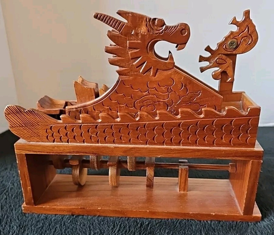 Unique Asian Dragon Themed Handmade Wooden Camshaft Marble Ball Mover Roller Vtg