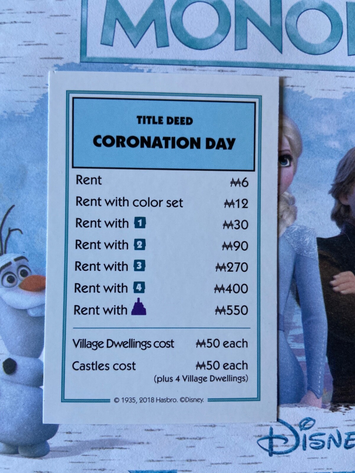 Disney Frozen Monopoly Coronation Day Light Blue Title Deed Card Game Piece Part