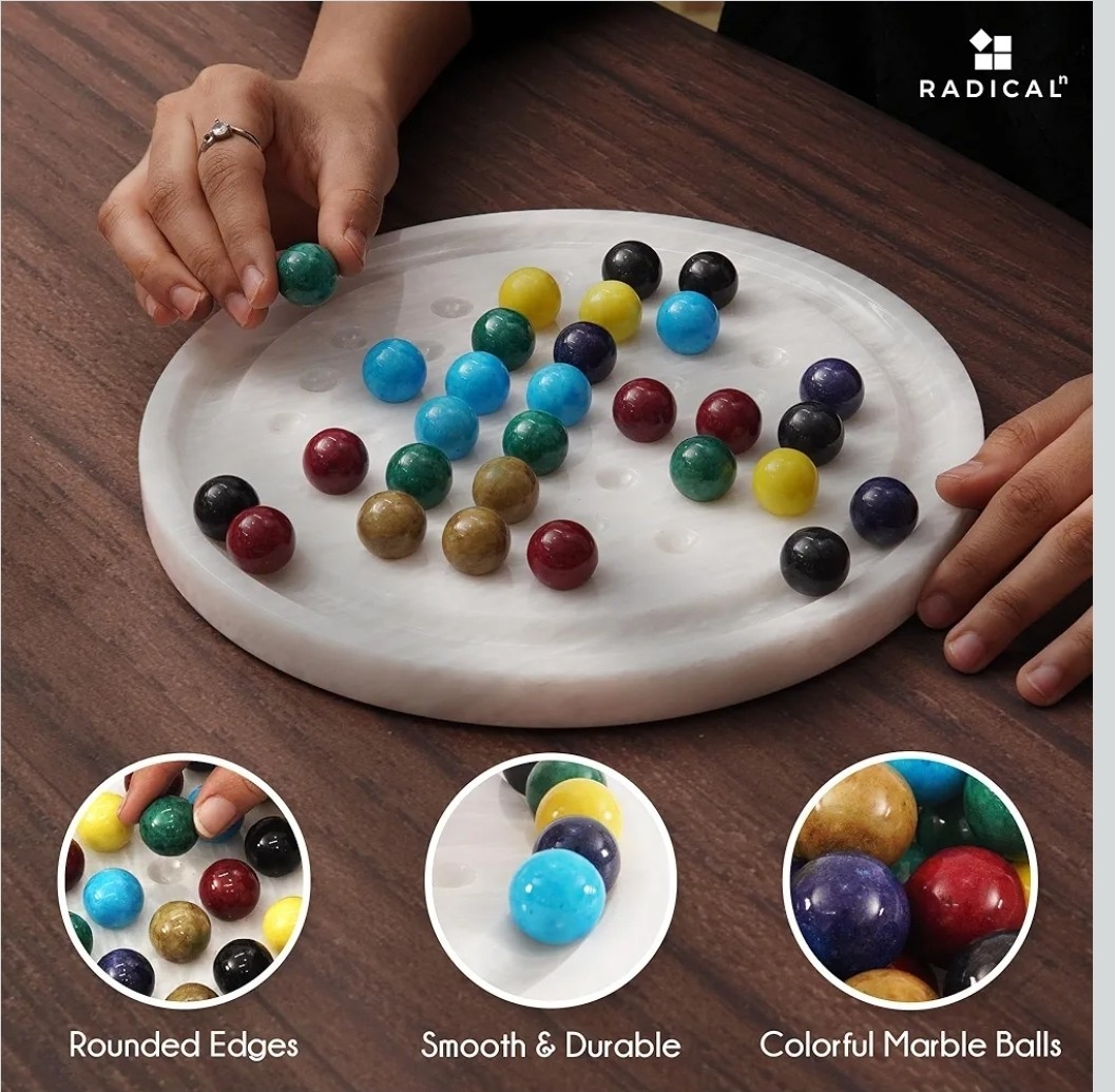 NEW 10″ Radicaln White Stone Natural Marble Solitaire Board Game with 42 Marbles
