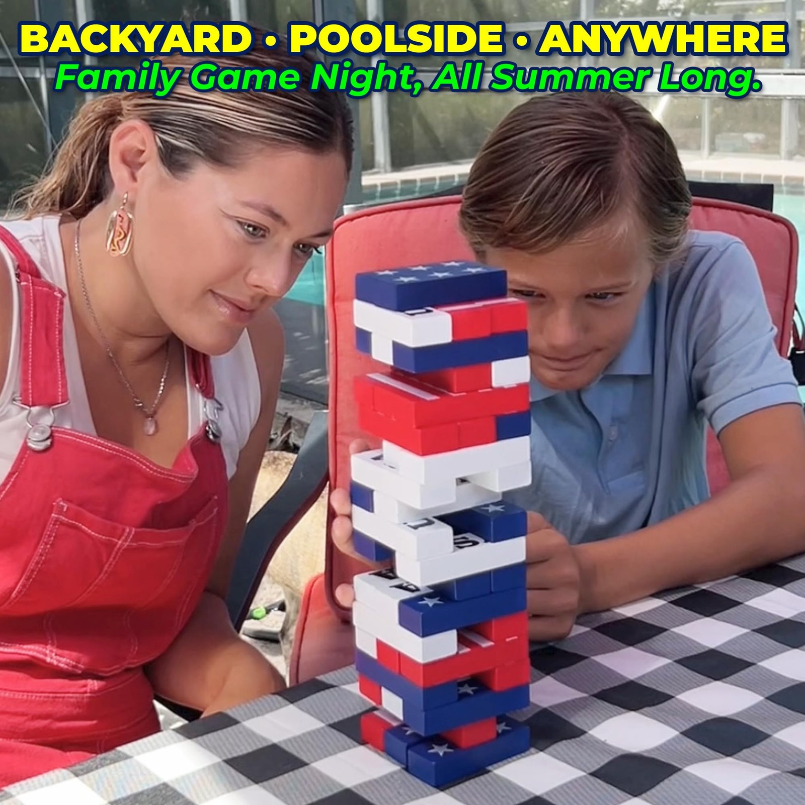 New Funwares Red White & Stack, Patriotic Wooden Stacking Game for Kids Adults
