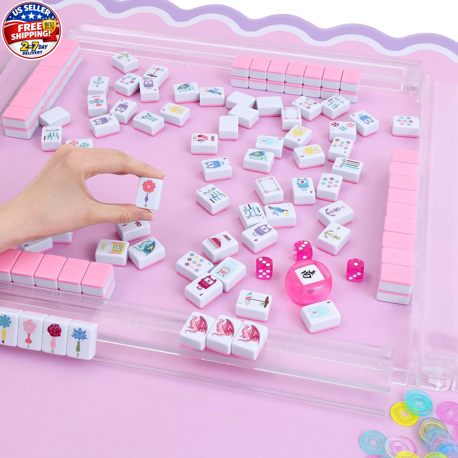 160 Pink American Printed Mahjong Game Set with Carrying Bag And Accessories 1.2