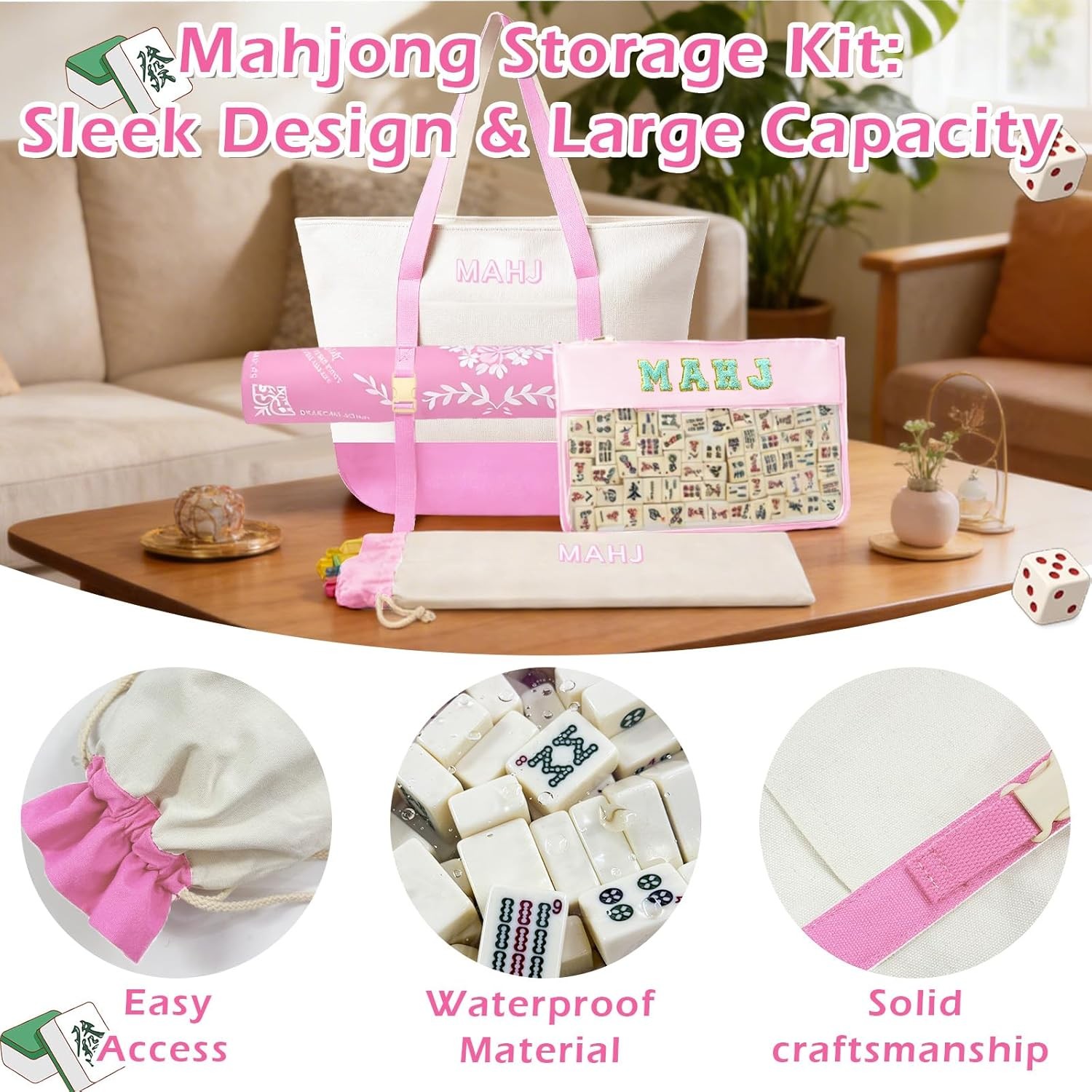Empty Mahjong Tile Bags Set for American Tiles and Racks,Canvas Tote Bag with Ma