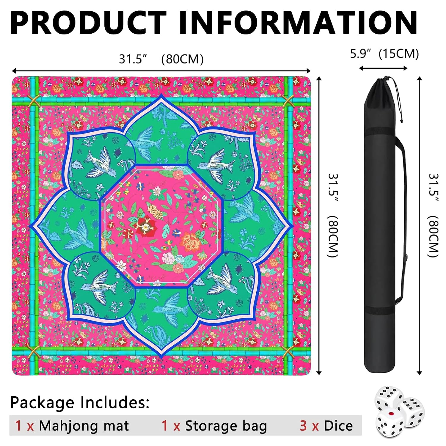 Noise Reduction Mahjong Game Mat 31.5″ X 31.5″ with Carrying Bag and 3 Dice