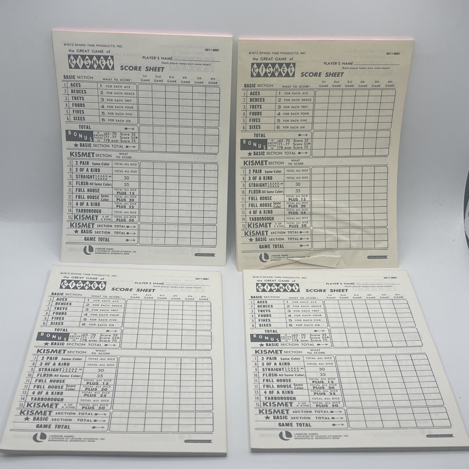 Vintage Kismet Game of Yacht 1975 Lakeside No. 8337 Score Pads Yahtzee