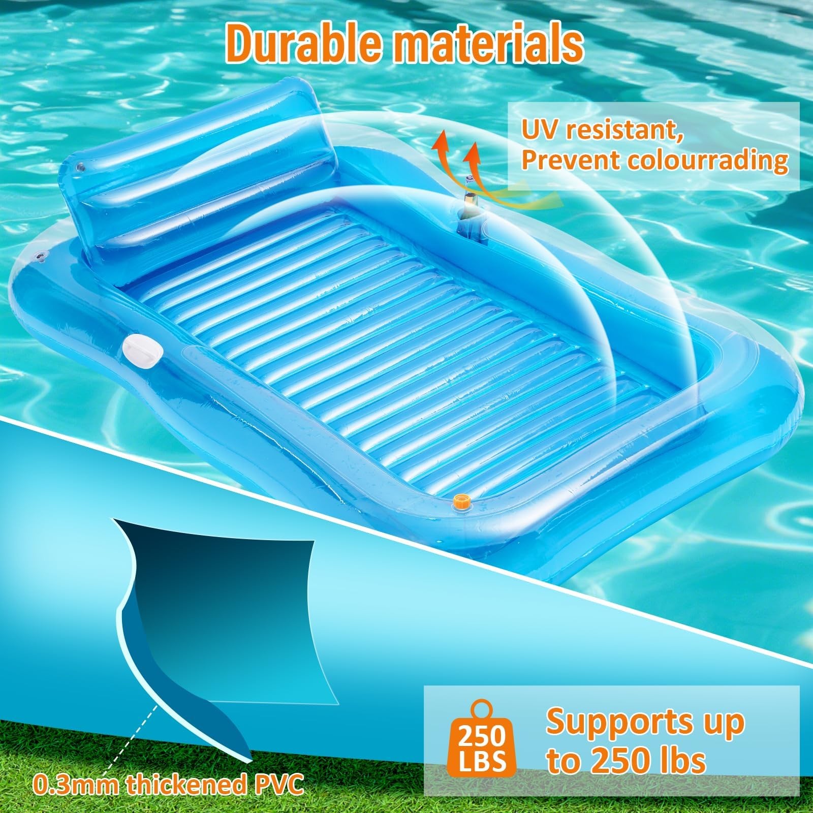 Pool Float 77 x 48 Inflatable Tanning Lounger Sprinkler Pillow Cup Adult Holder