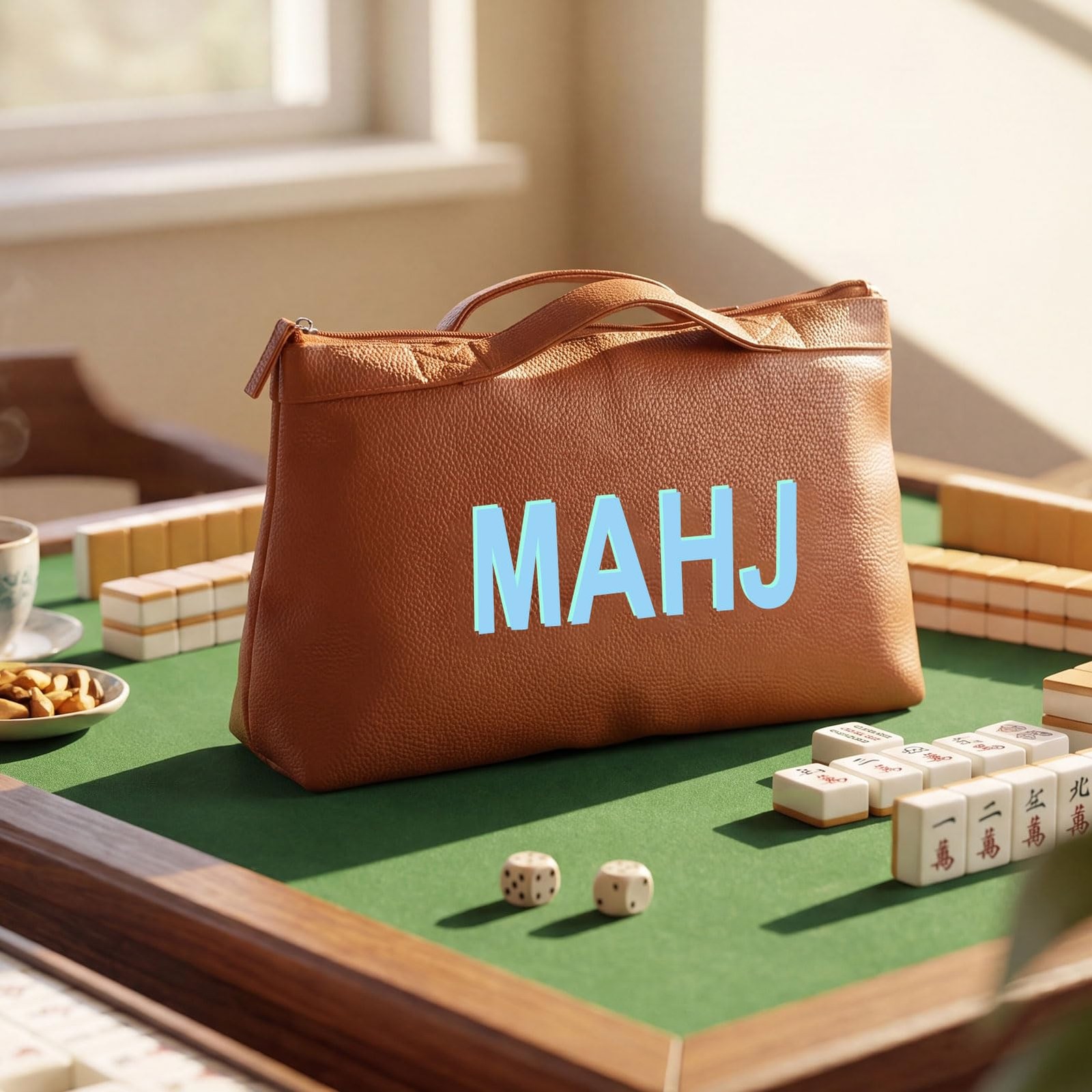 Leather Mahjong Tile Bag with Zipper Handle Lining Mahjong Storage Pouch for …