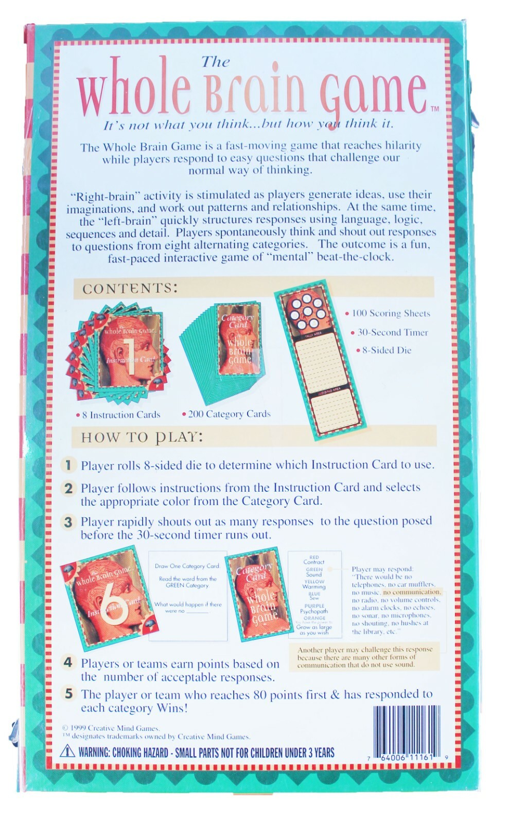 The Whole Brain Game Creative Mind Games 1999 Age 11 and up NEW