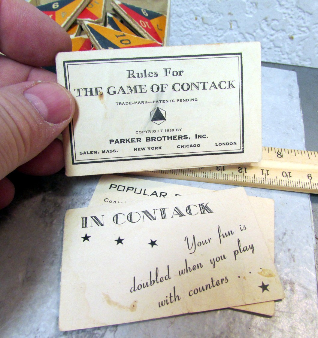 Vintage 1939 fascinating game CONTACK, colorful pieces in box, w instructions