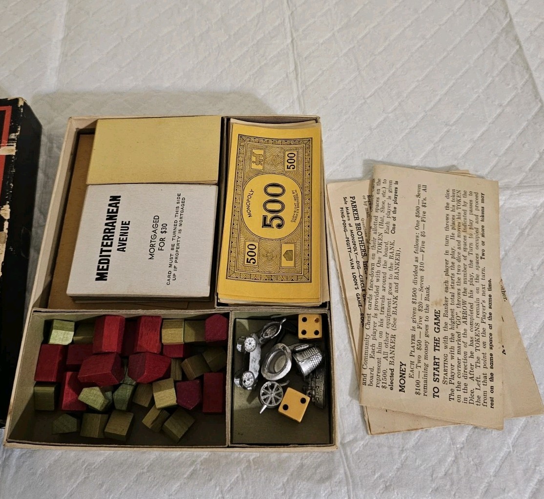 Vintage 1935 Monopoly Parker Brothers Black Box Missing Pieces, No Board