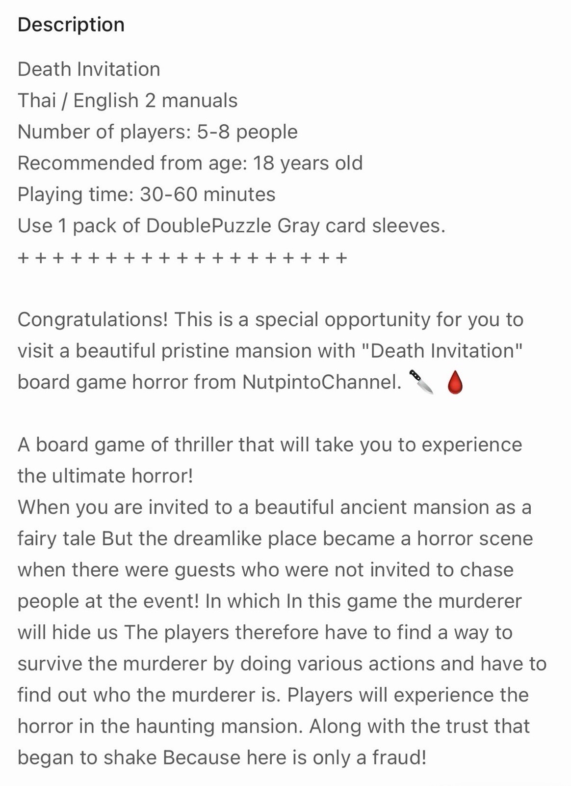 Thailand Boardgame Death Invitation [TH/EN] Invite To Slaughter Board Game