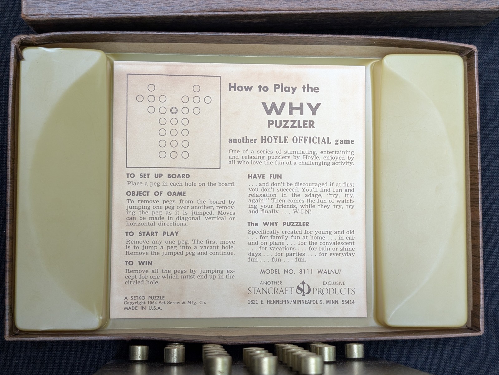 VTG 1964 HOYLE GAME SETKO’S THE WHY PUZZLER WALNUT BOARD BRASS PCS BOXED COMPLET