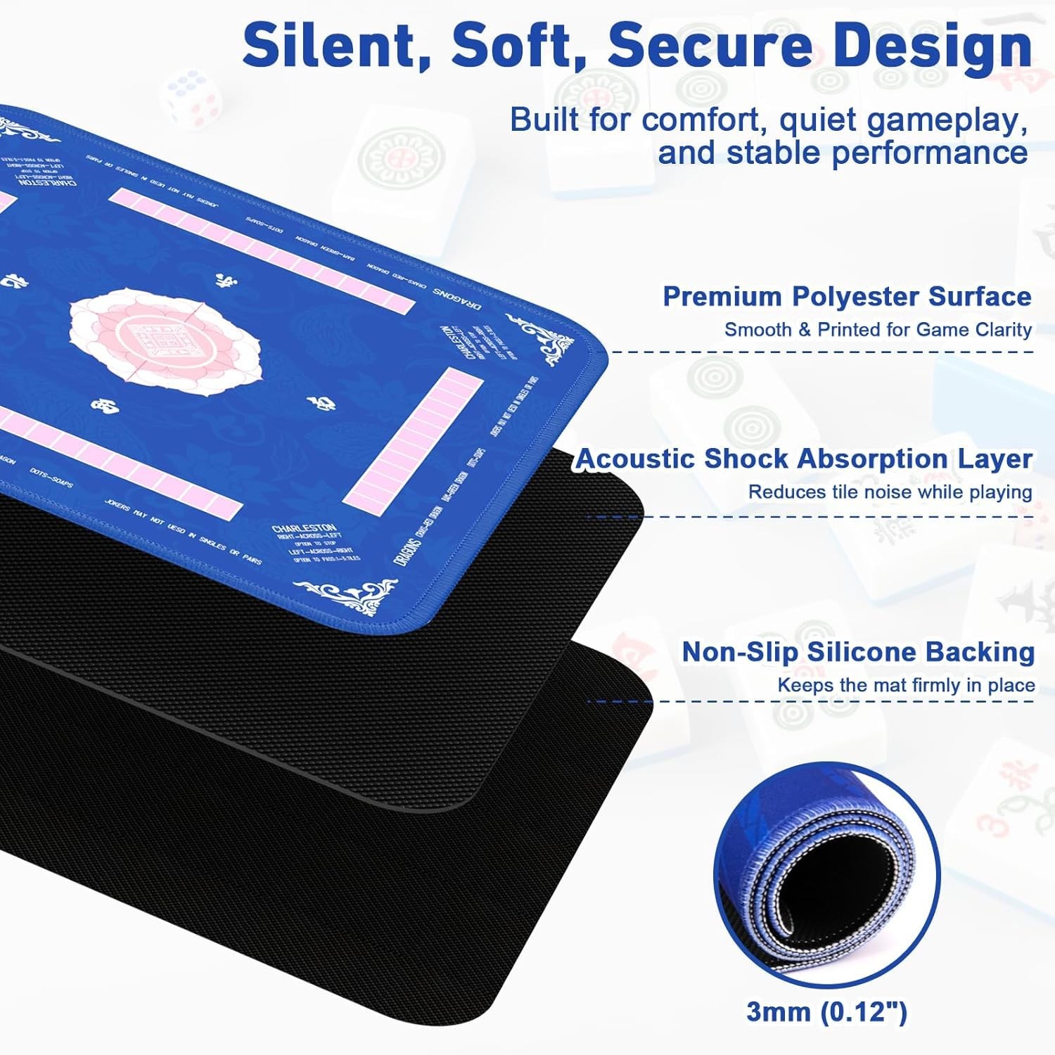 American Blue Mahjong Game Mat Non Slip 31.5 x 31.5 inches Table Top Playing