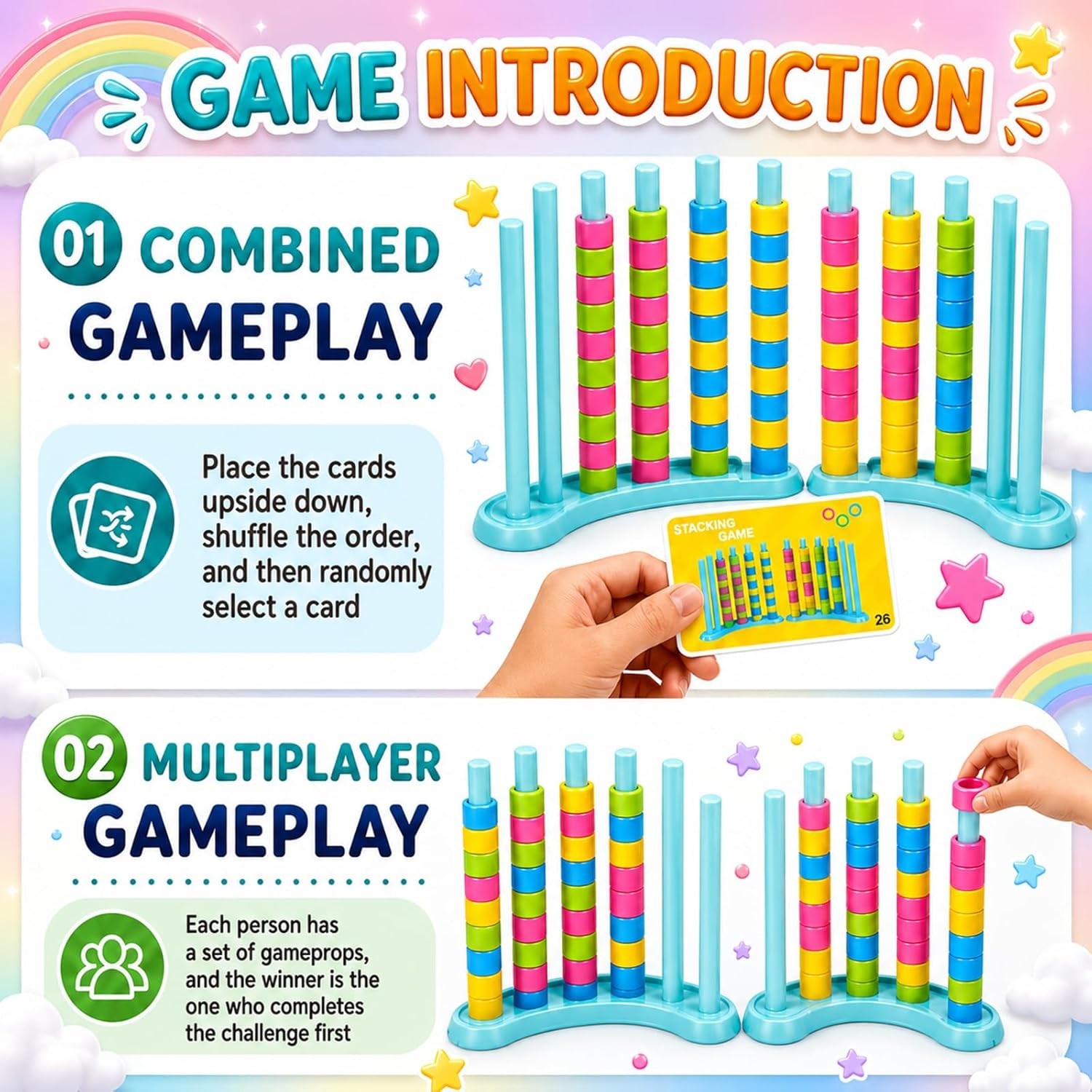 2 Pack Color Stack Challenge Game – Stacking Board Game Set with 2-4 Players Kid