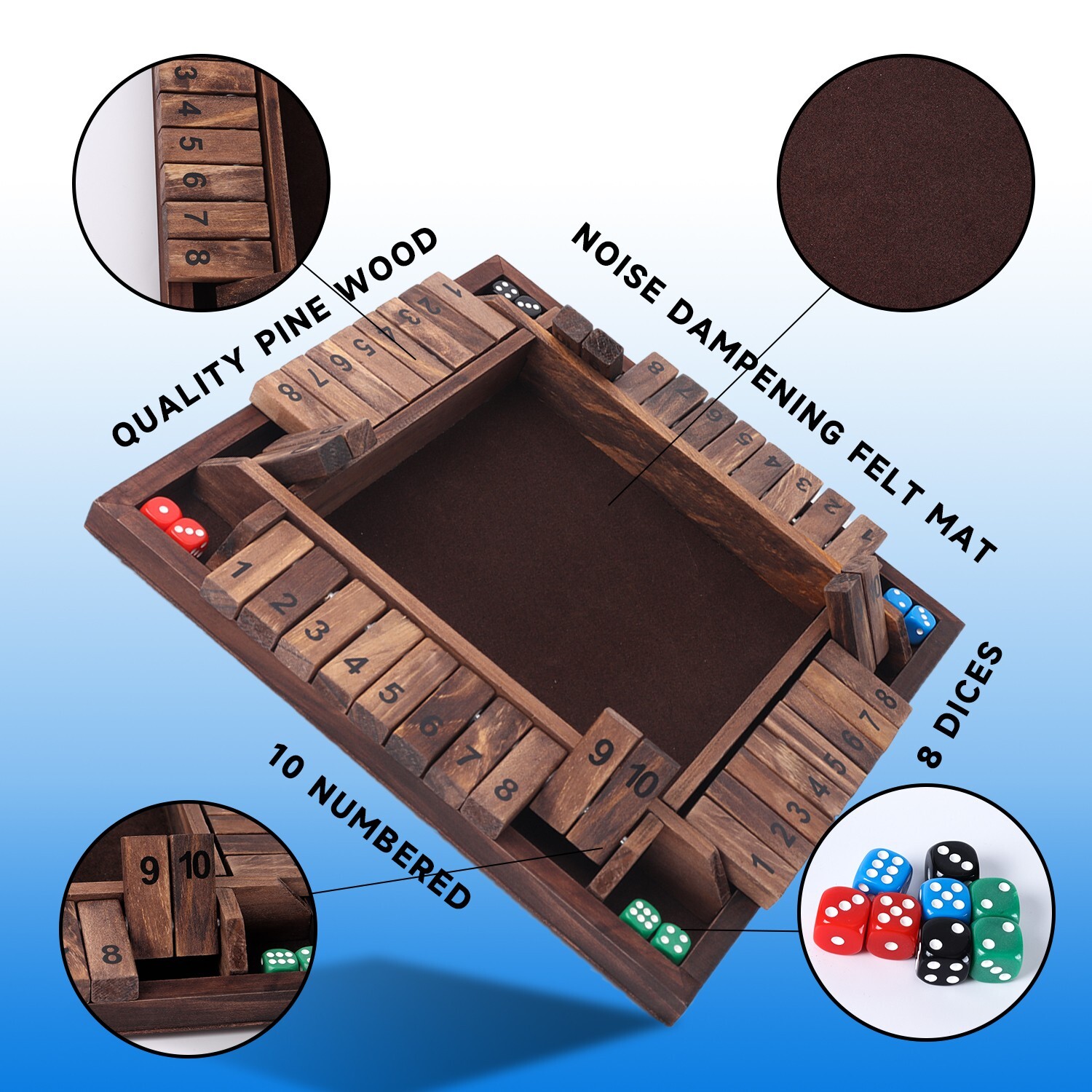 4-Player 10 Number Shut The Box Dice Game. Family Party Porch Pub Bar Board Game
