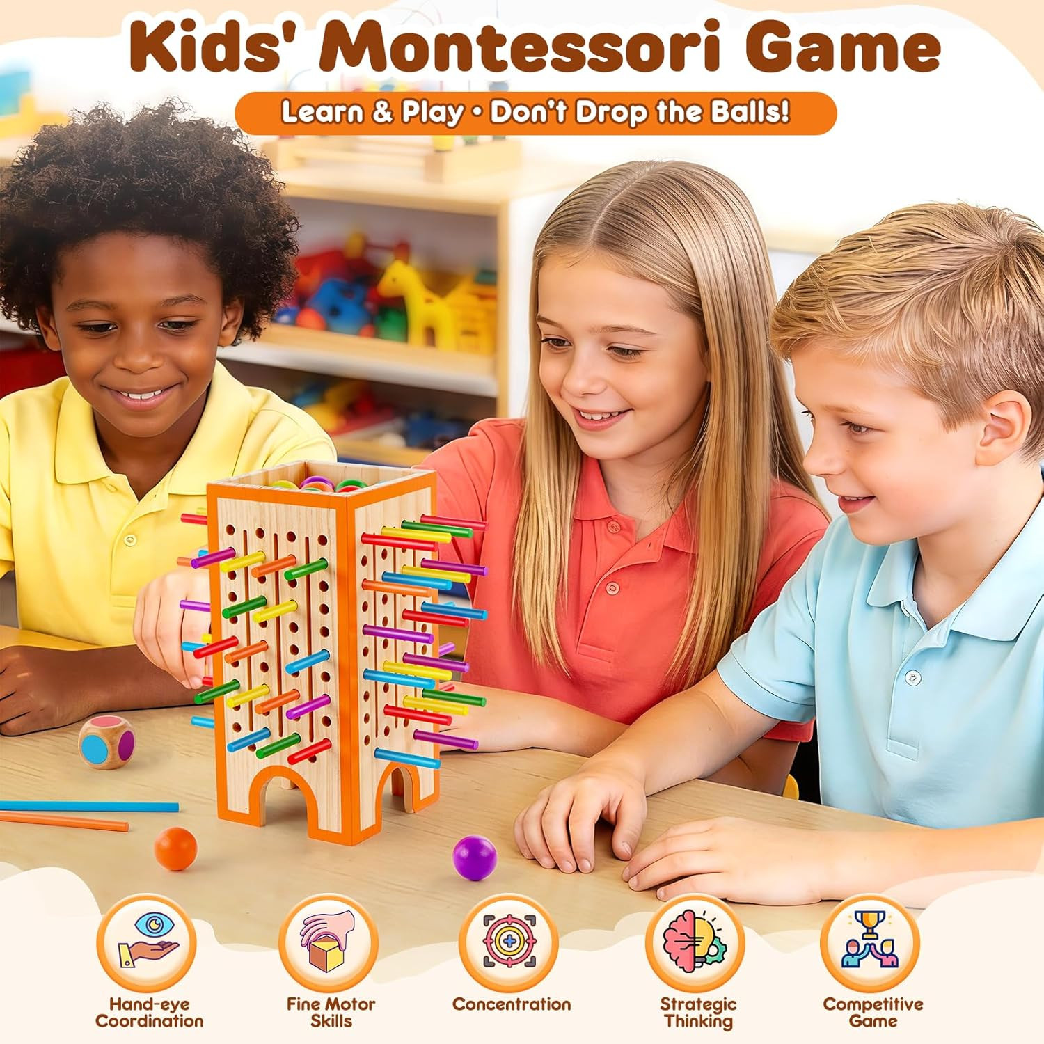 Montessori Board Game for Kids 4-6, 42 Colorful Wooden Sticks Dice Game with 12