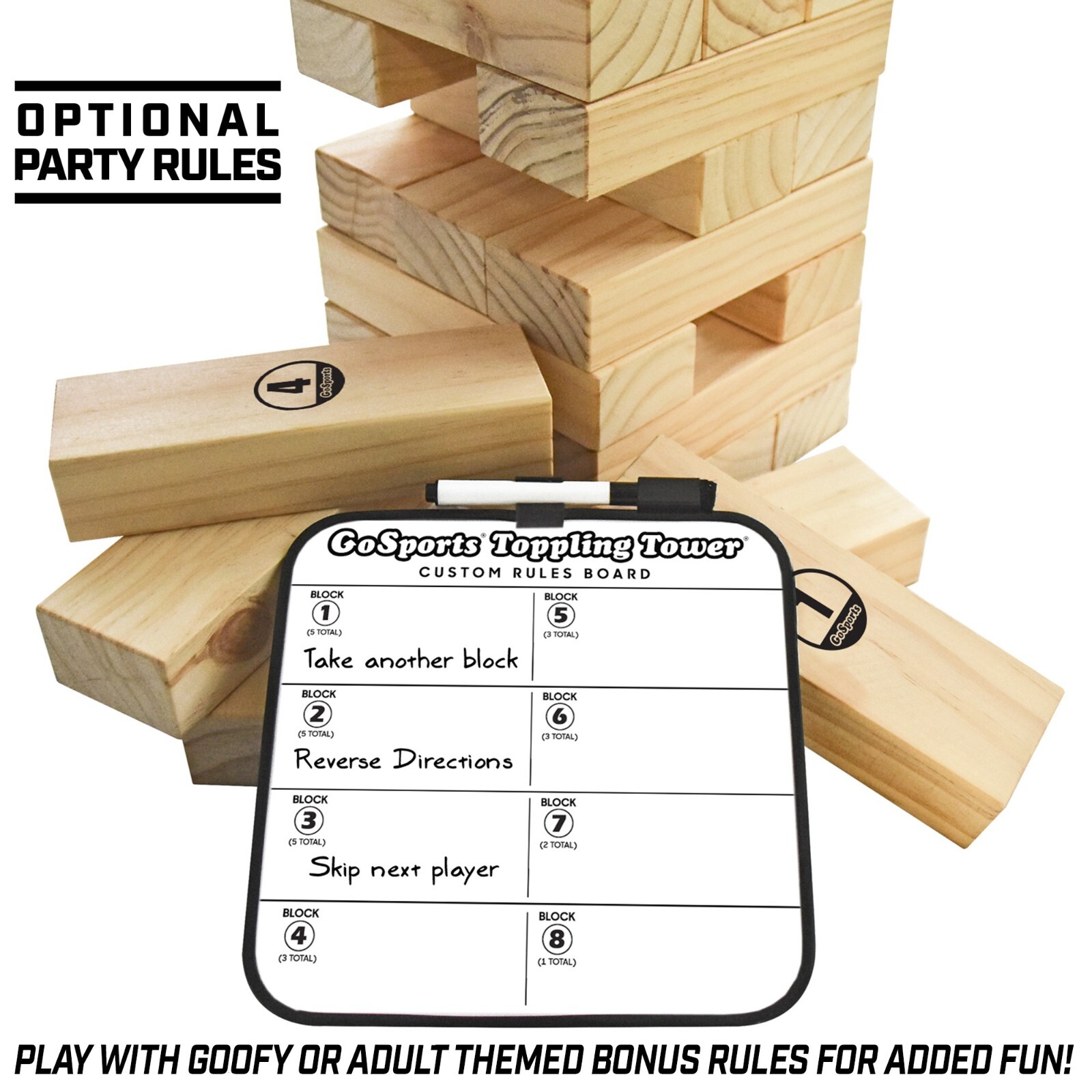 GoSports Giant Toppling Tower + Dry Erase Board for Custom Rules