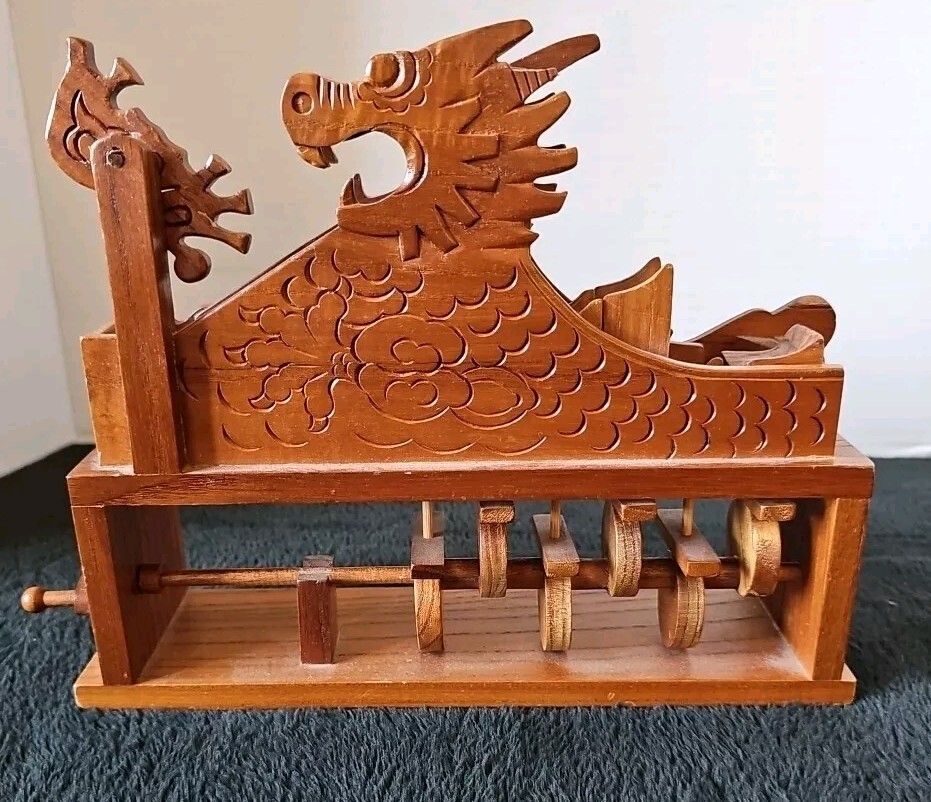 Unique Asian Dragon Themed Handmade Wooden Camshaft Marble Ball Mover Roller Vtg