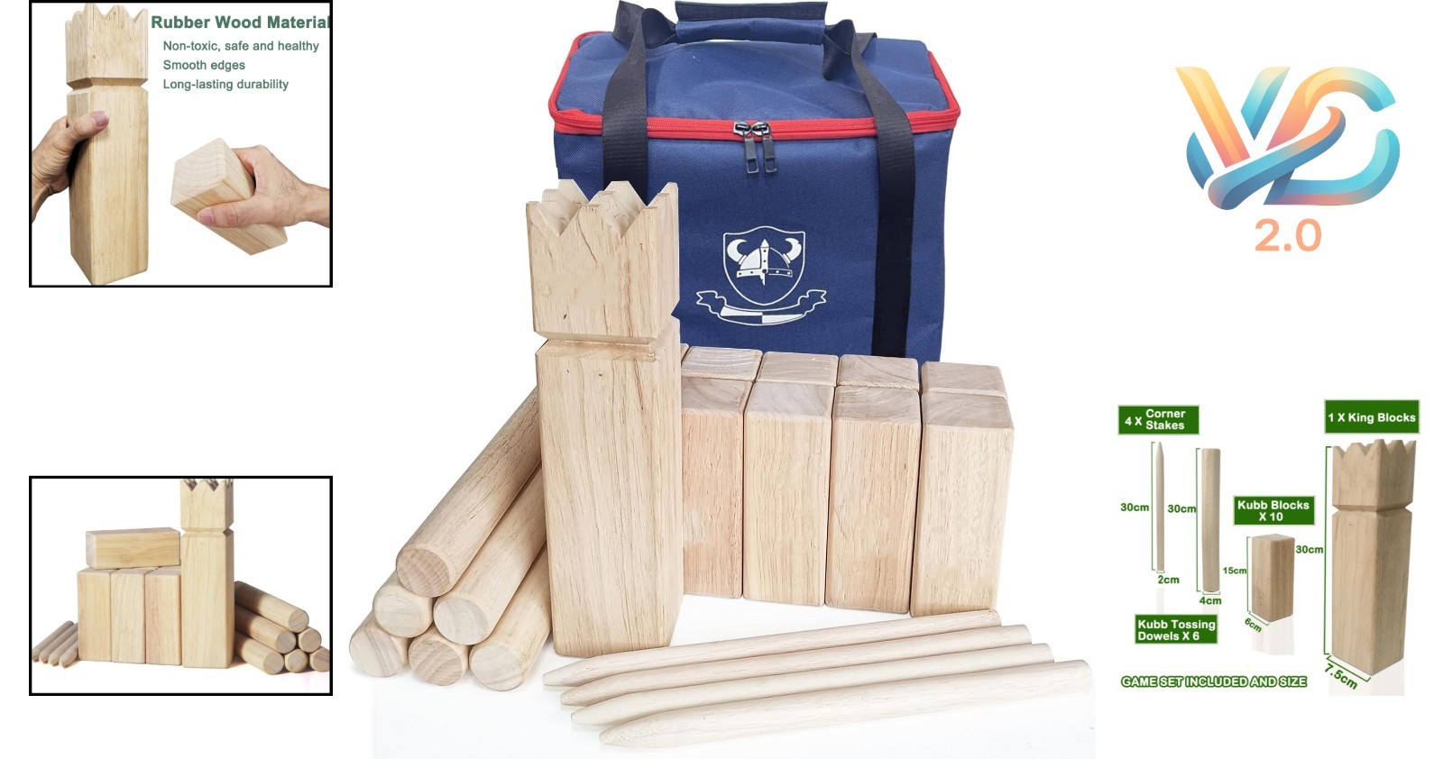 Kubb Game Set Rubberwood Viking Toss with Bag Outdoor Family Fun