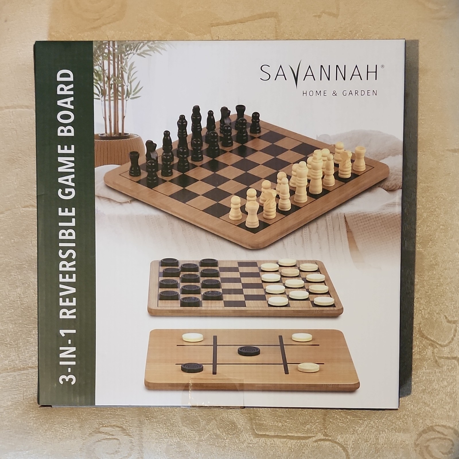 Savannah Home & Garden Reversible Game Board Chess Checkers Tic-Tac-Toe 3-in-1