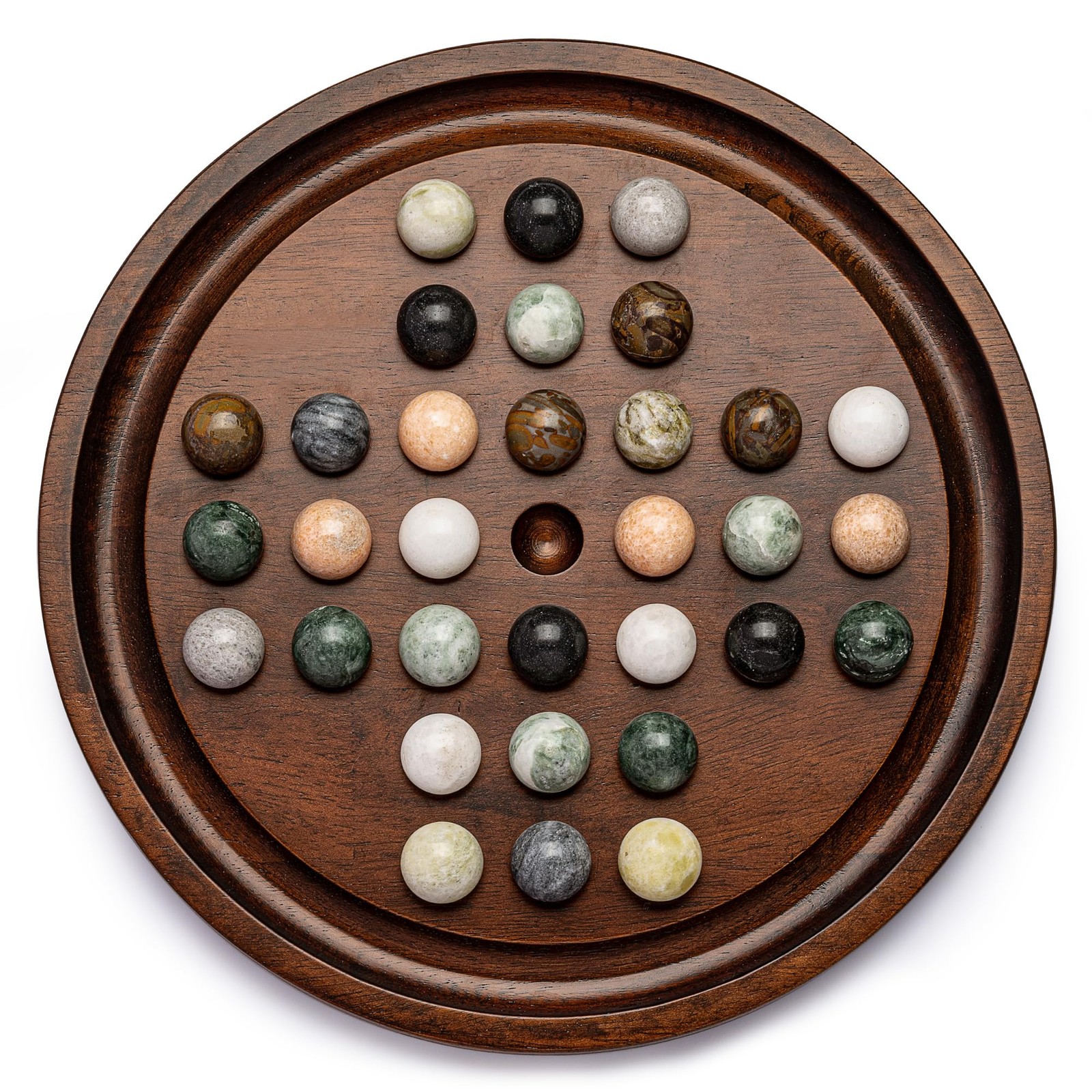 Solitaire Game Set 12.6 Wooden Board 32 Marble Balls Single Player Lingle Deluxe