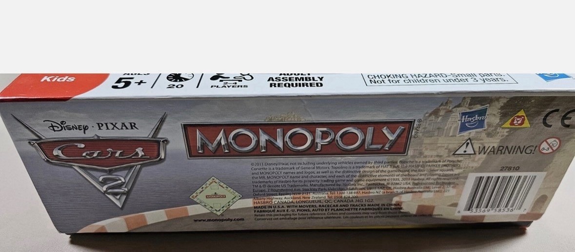 Disney Pixar Cars 2 Monopoly Lightning McQueen Racetrack Game Missing 2 Tires