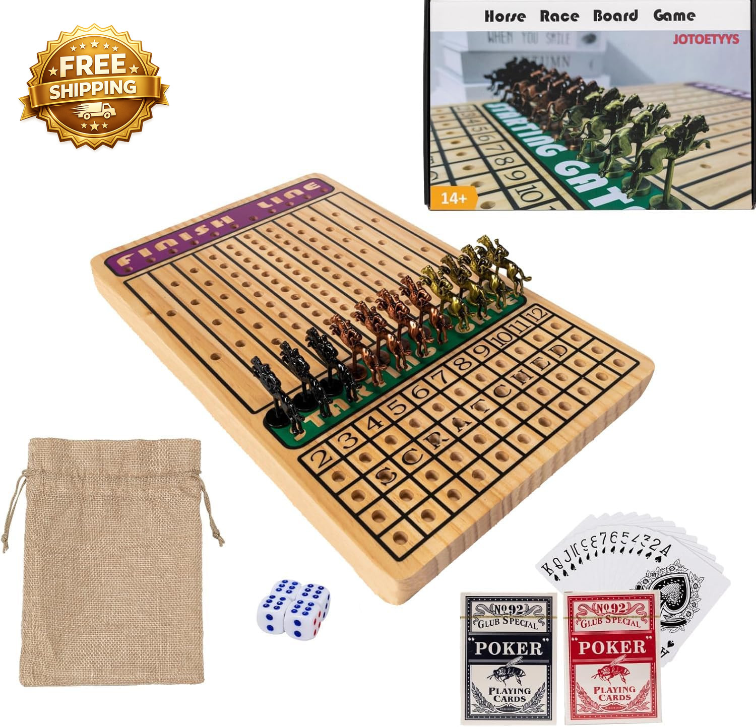 Horse Race Board Game with Luxury Metal Horses 4 Dice 2 Card Boxes and Thickened