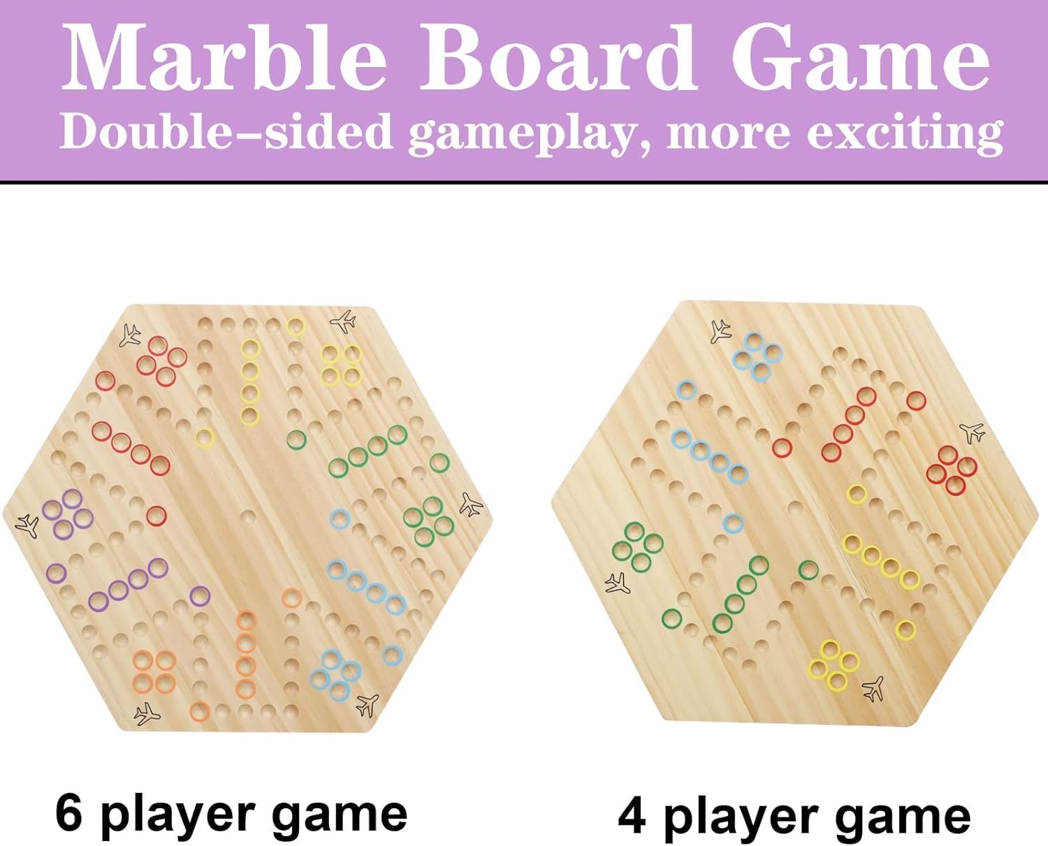Wooden Fast Track Board Game 15 Inch Double-Sided 4-6 Players 30 Marbles Dice 6P