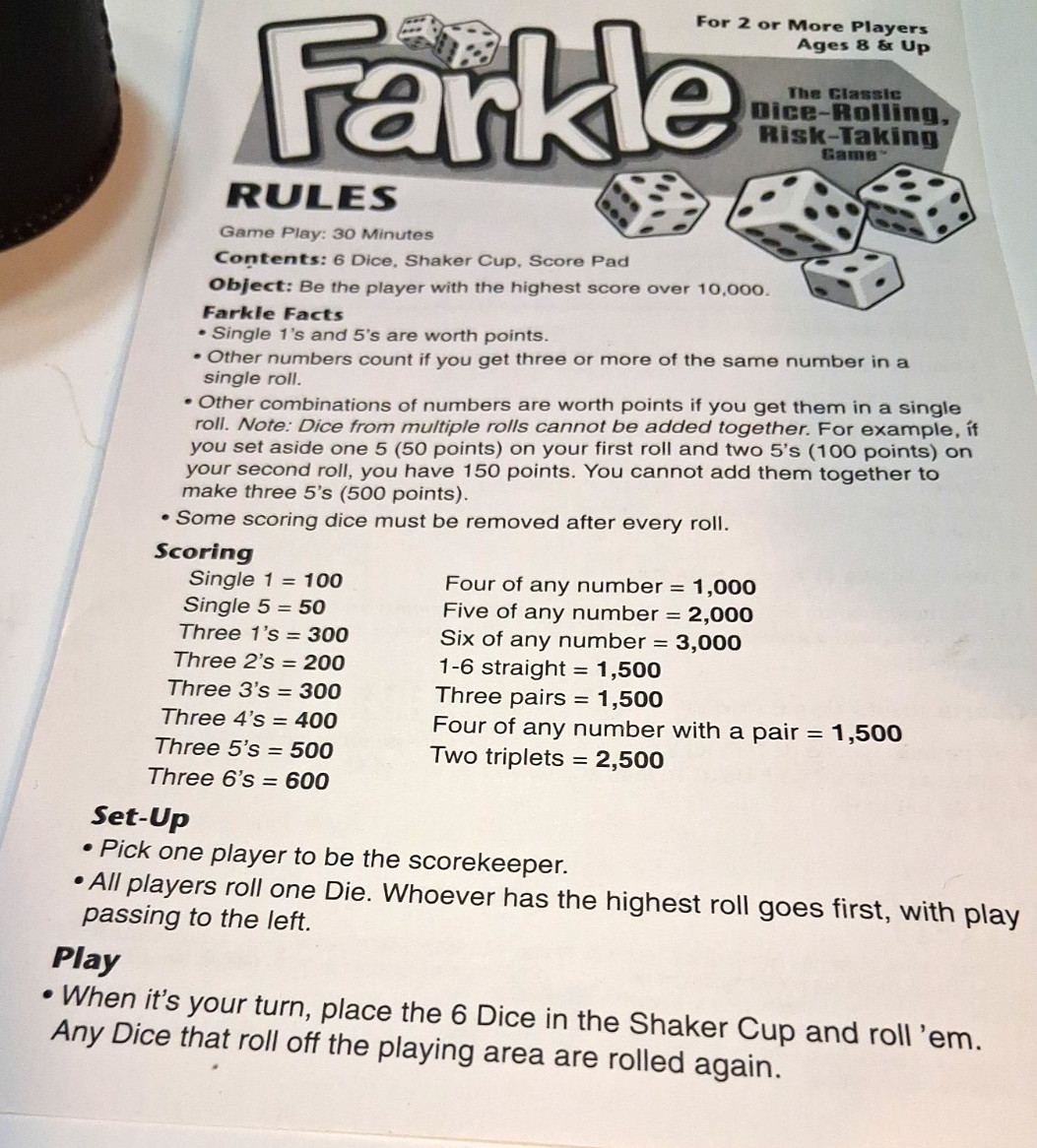 Farkel Game by Patch Complete Boxed Game 6 Dice Cup Score Sheets Instructions