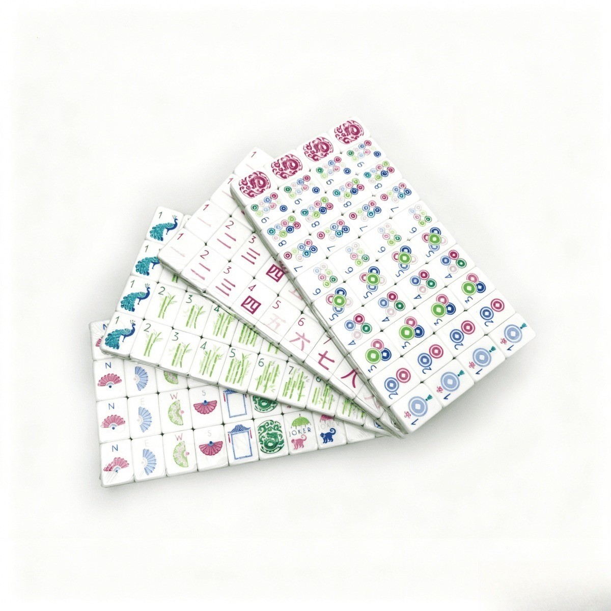 Fresh Green White Layer Mahjong Tiles Peacock Fan Joker Floral Print 160 Set