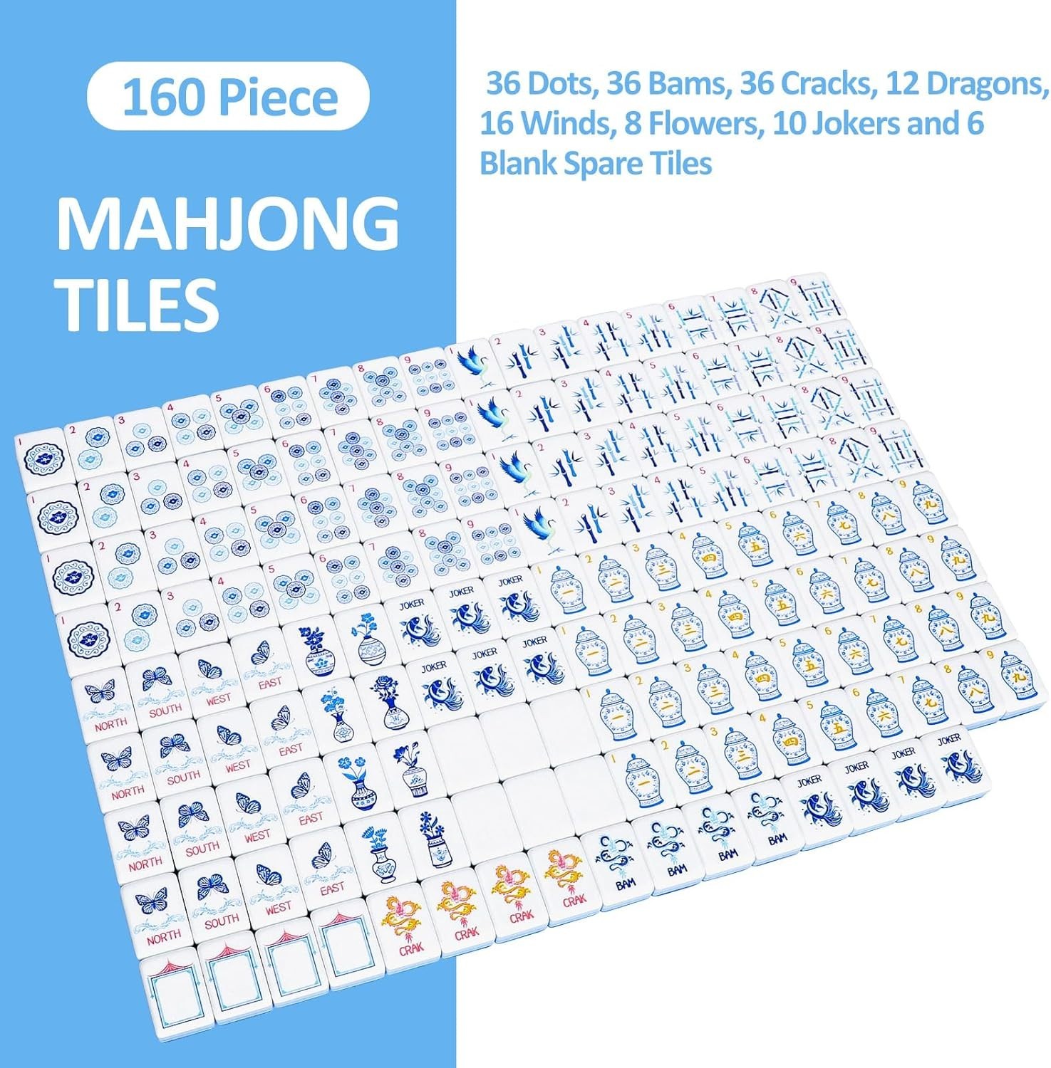 Light Blue American Mahjong Tile Set(1.2″), 160 Engraved Tiles with Mahjong Tile