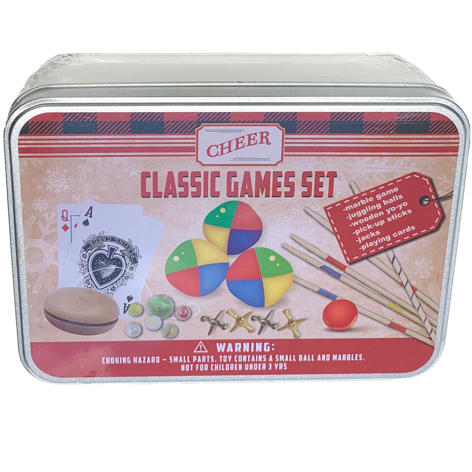 Classic Games Tin Case toy gift -marbles juggling yoyo jacks cards pickup sticks