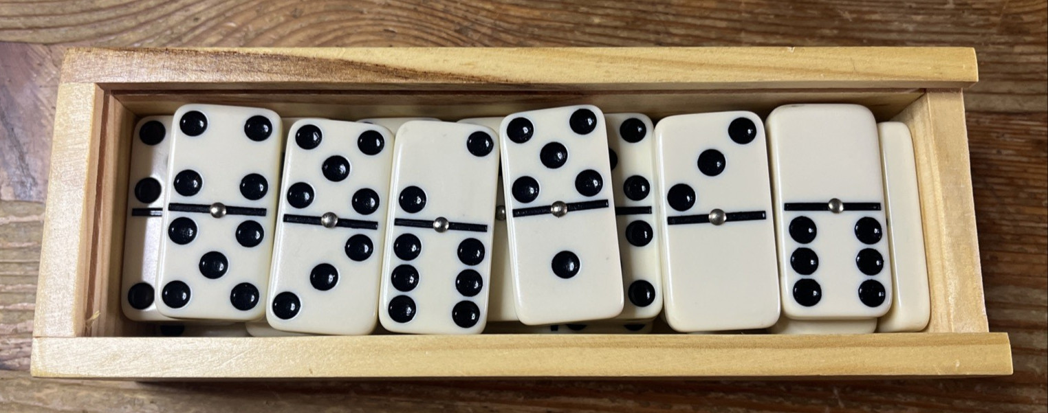 Double Six Dominoes Wooden Case Set of 28 Metal Spinner Wood Box