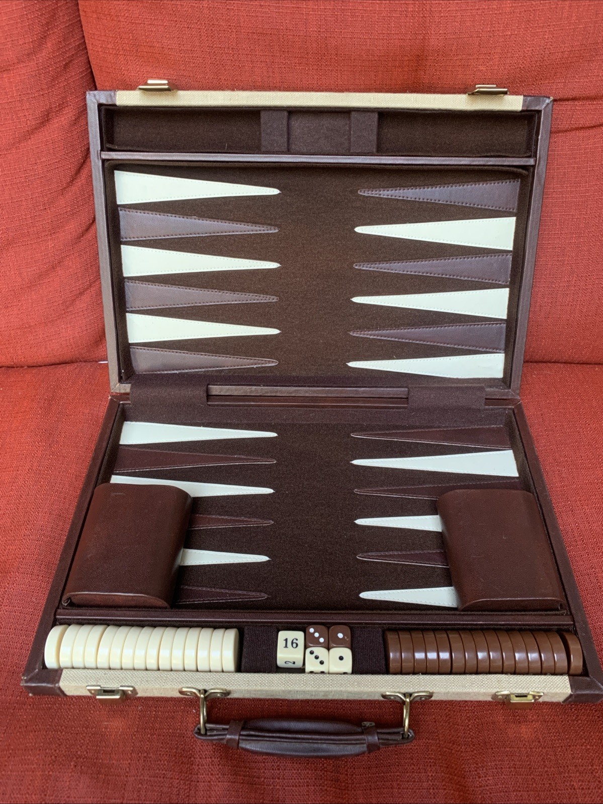 Vintage Backgammon Game Set Beige & Brown Case 15×10 Complete Travel