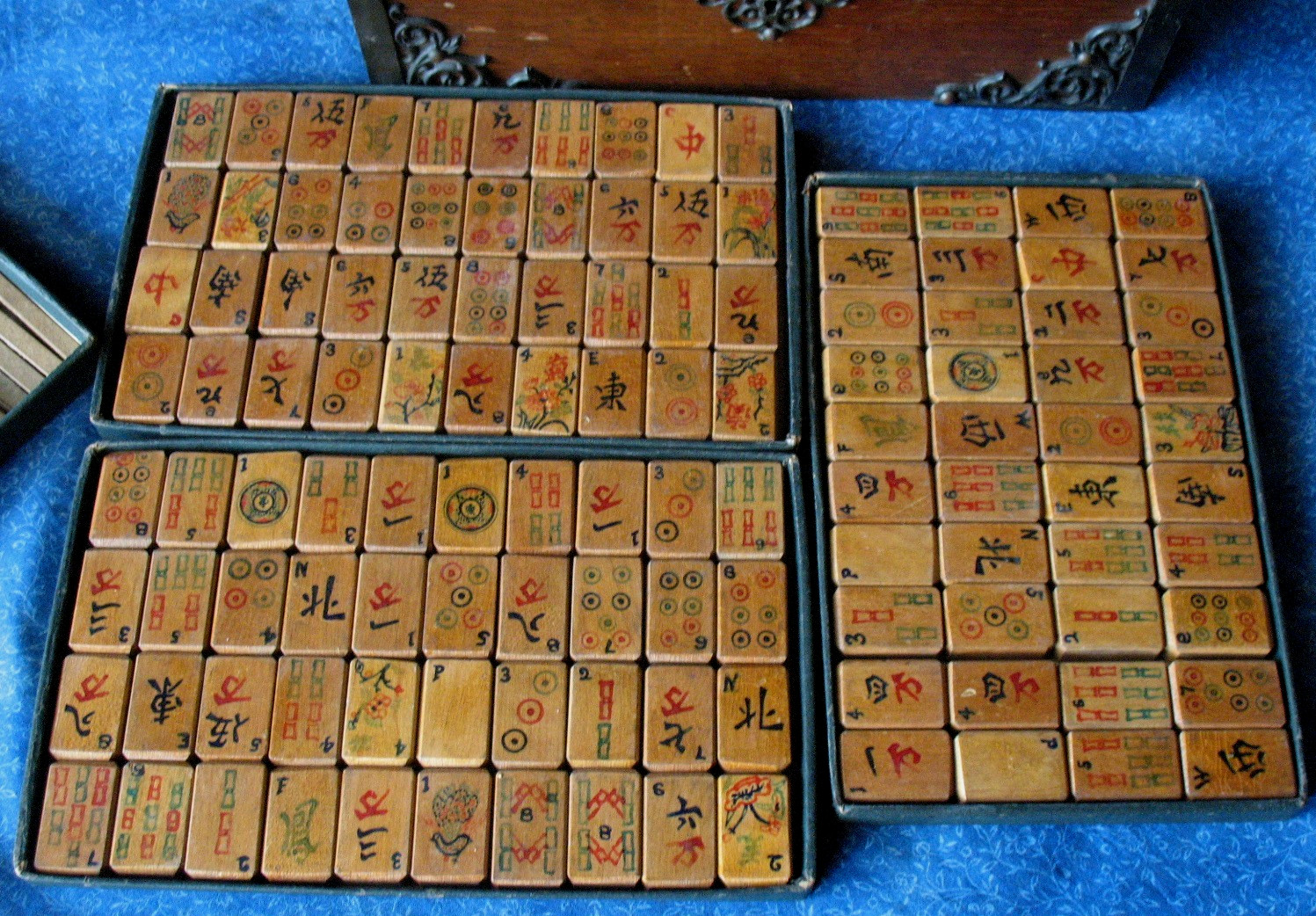 Antique Mahjong Set Oak Case 120 Painted Wood Tiles Dice Sticks Dated 1923