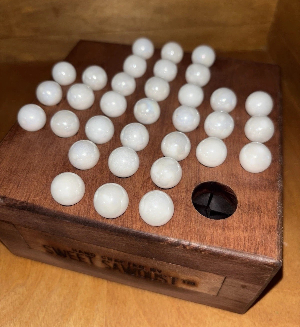 Vintage Handmade Marble Solitaire Game Solid Wood Board White Glass Marbles