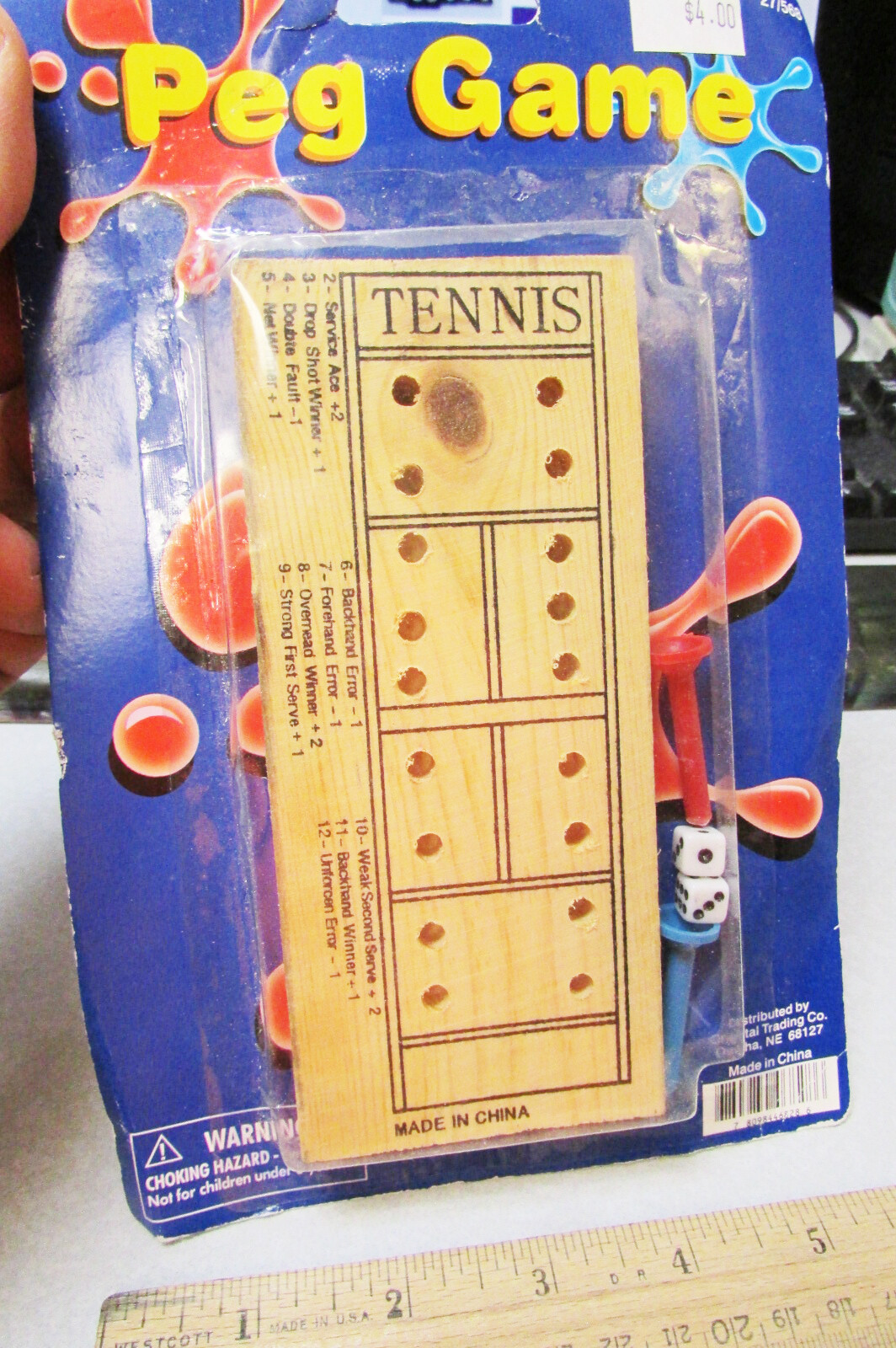 Peg Game, wood board, TENNIS, pegs & dice included, instructions on board