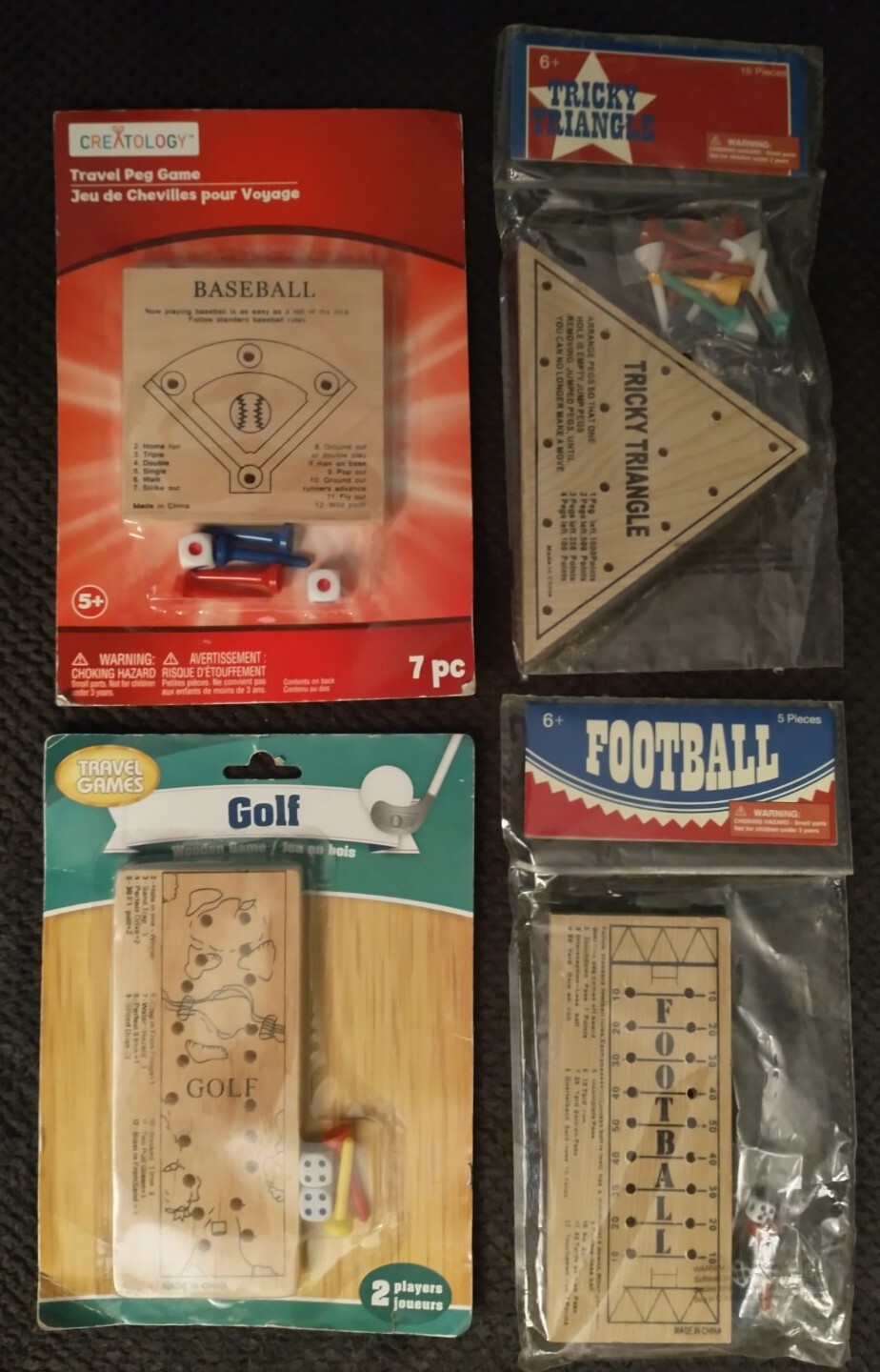 4 GAME BUNDLE – Travel Peg Games – Golf, Football, Baseball, & Tricky Triangle