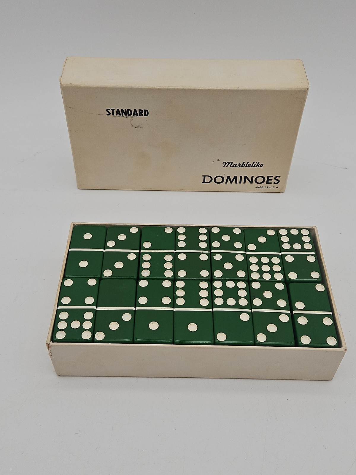 Vintage Marblelike Green Standard Dominoes Original Box Made In USA