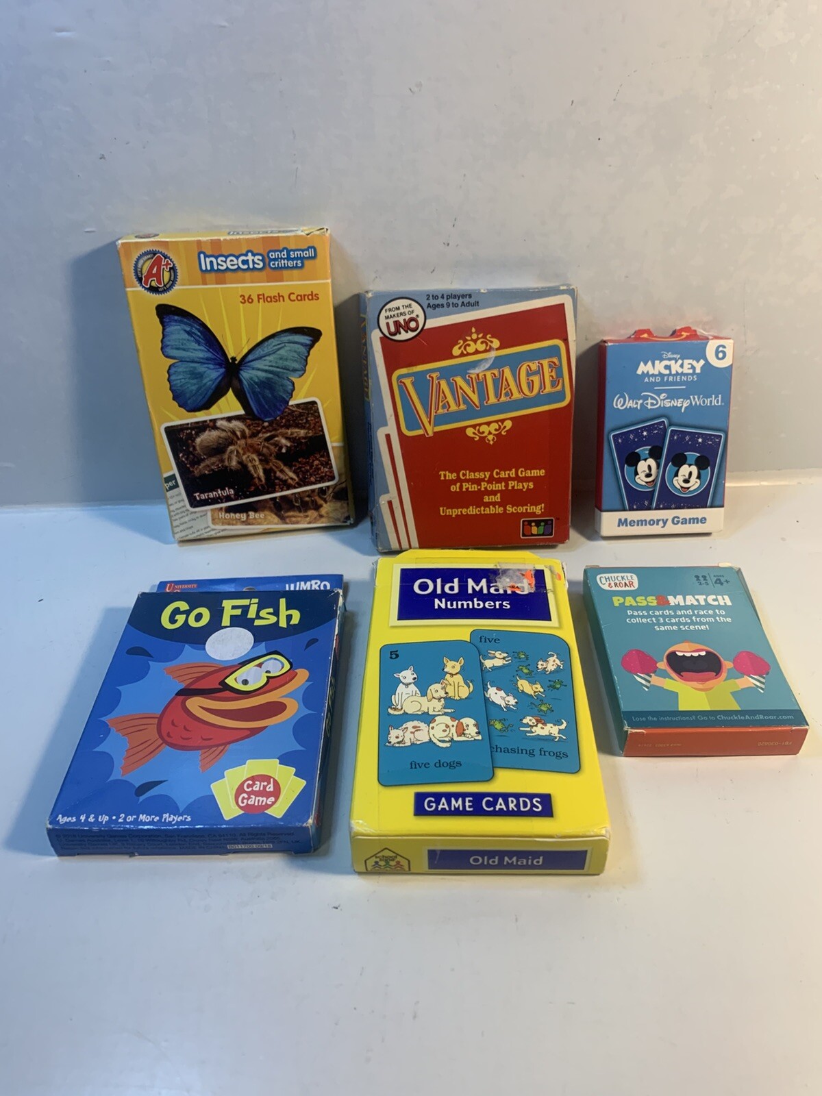 6 Assorted Kids Card Games FLASH CARDS Disney Old Maid Go Fish Vantage Insects