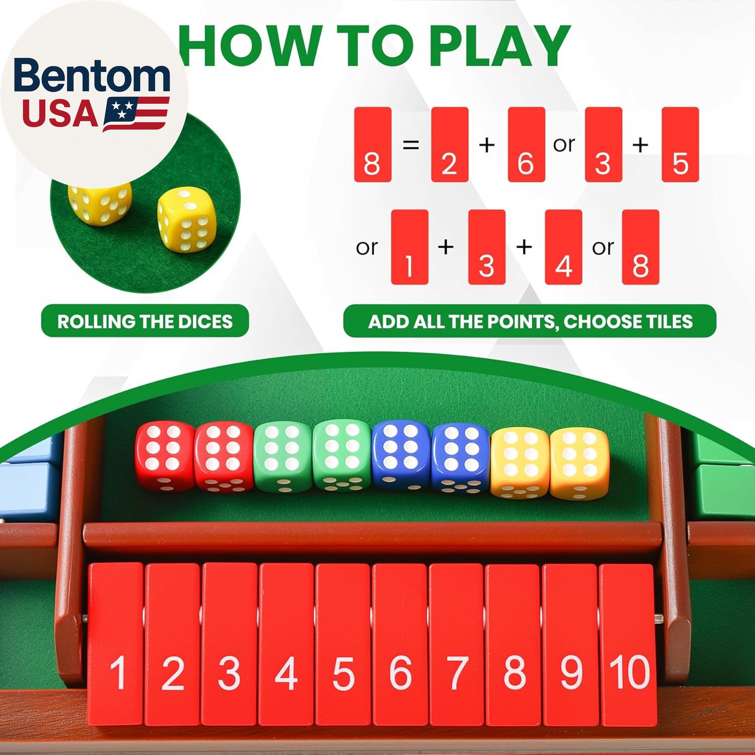 Shut the Box Dice Game for 2-4 Players, Wooden Board Tabletop Math and Strategy