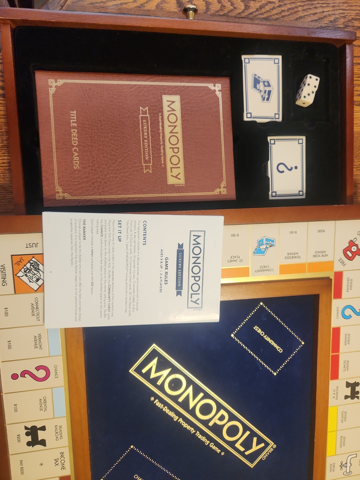 LN VIN Monopoly Luxury Edition Blue Board Game Collectible 2 Tone Wood-Complete