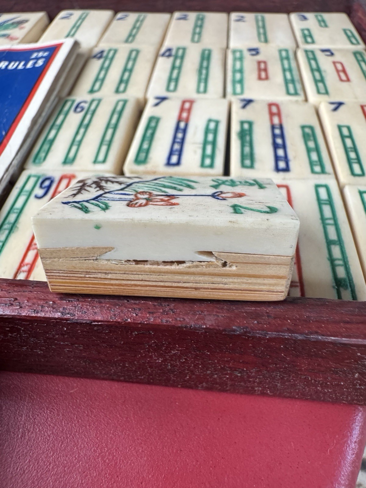 Antique Mahjong 5 Drawer Wood Box Set Bamboo Bone w/DICE/Tiles/Hand Colored