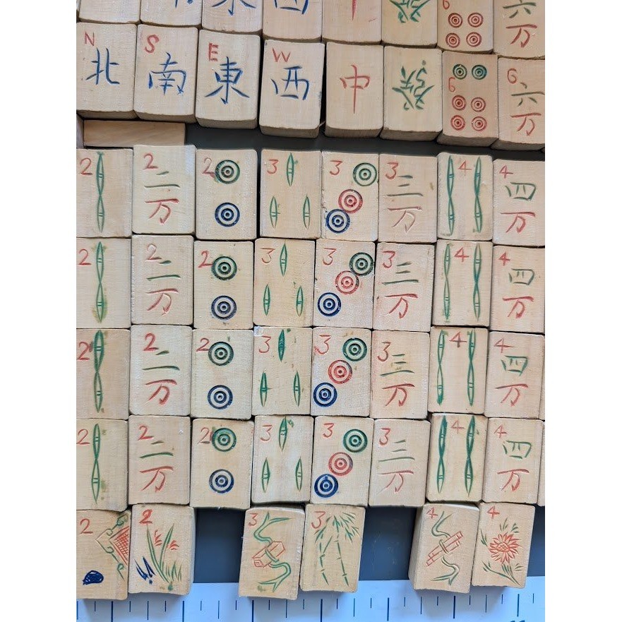 Antique 20s Admiral Mahjong Set Bone Bamboo Tiles Sticks Tin Box Hand Carved