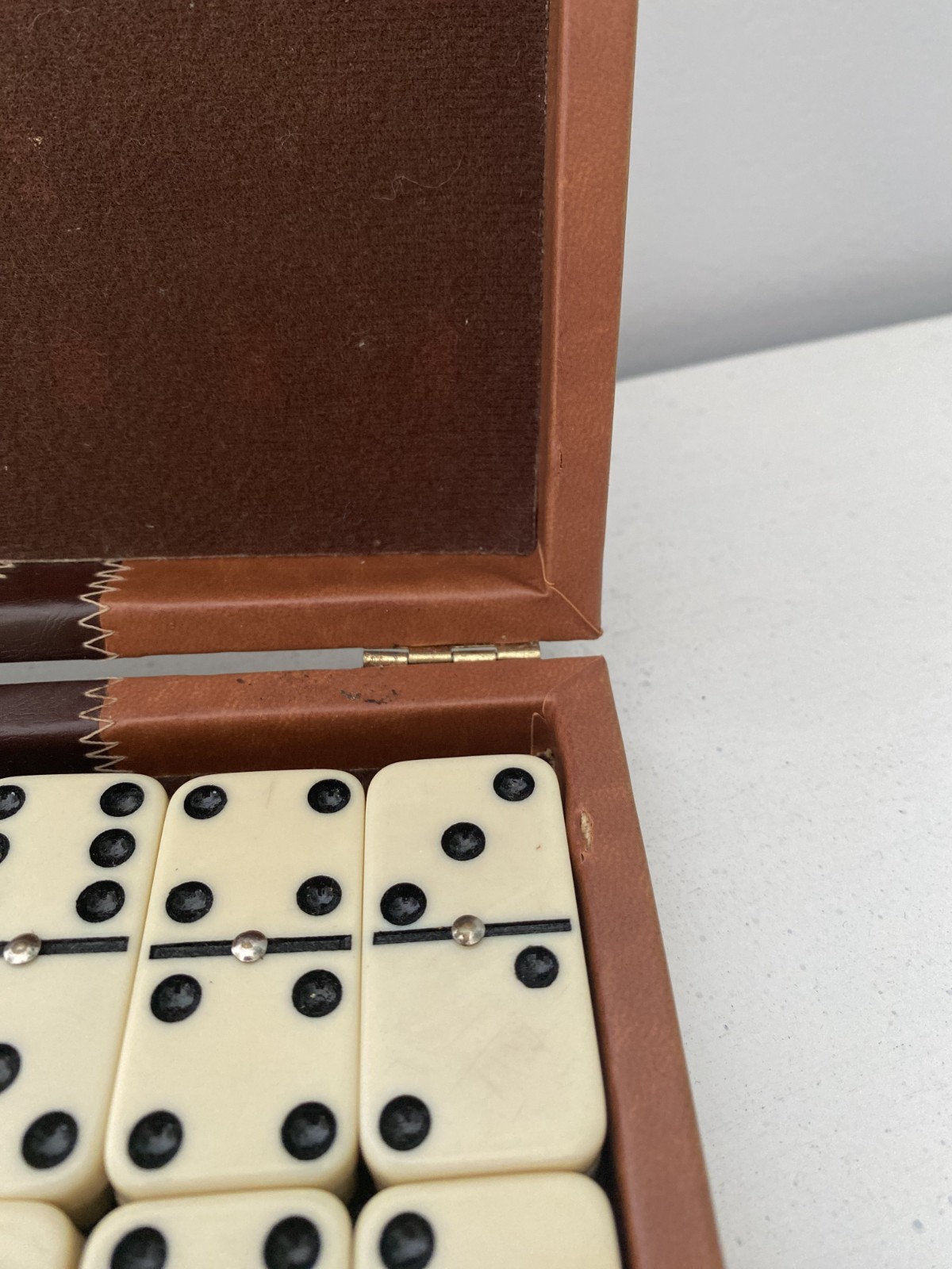 VTG Double-Six Domino Set with Metal Spinners in Brown Faux-Case