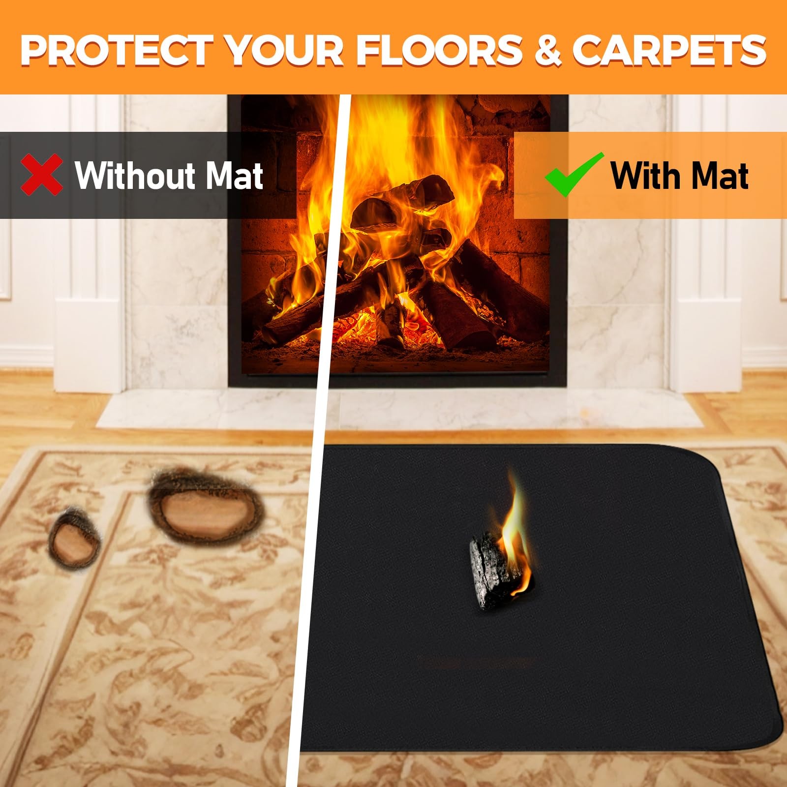 Fireplace Mat, 2′ x 3’6” x 0.04” x 3’6″ (Rectangular), Black
