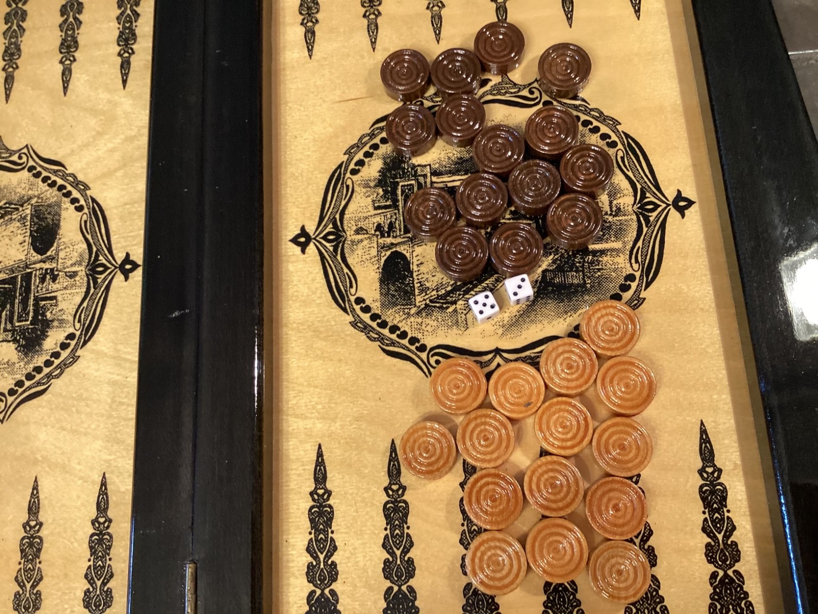 Vintage, handmade wooden Backgammon Set features maiden Tower in Baku Azerbaijan