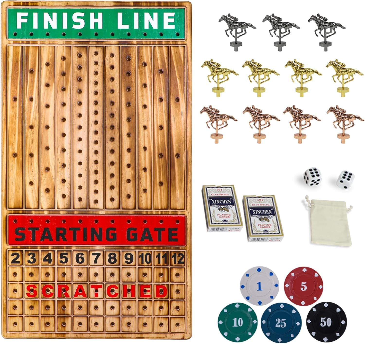 Large 21 Inches Horse Racing Board Game with 11 Luxury Metal Horses Thickened Wo