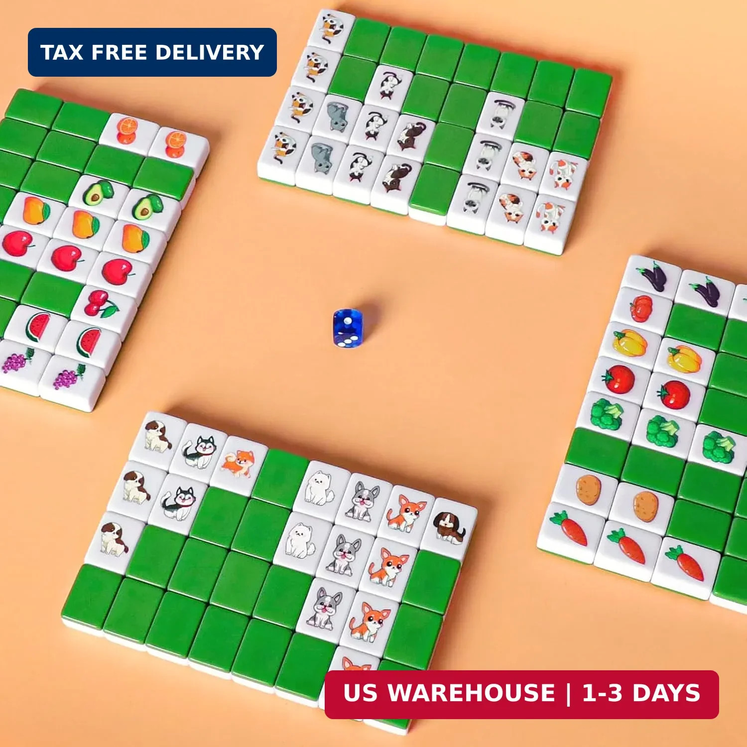 4 Players Mahjong Block Set, 128 Green Tiles(1.18″) with Animal and Food Pattern