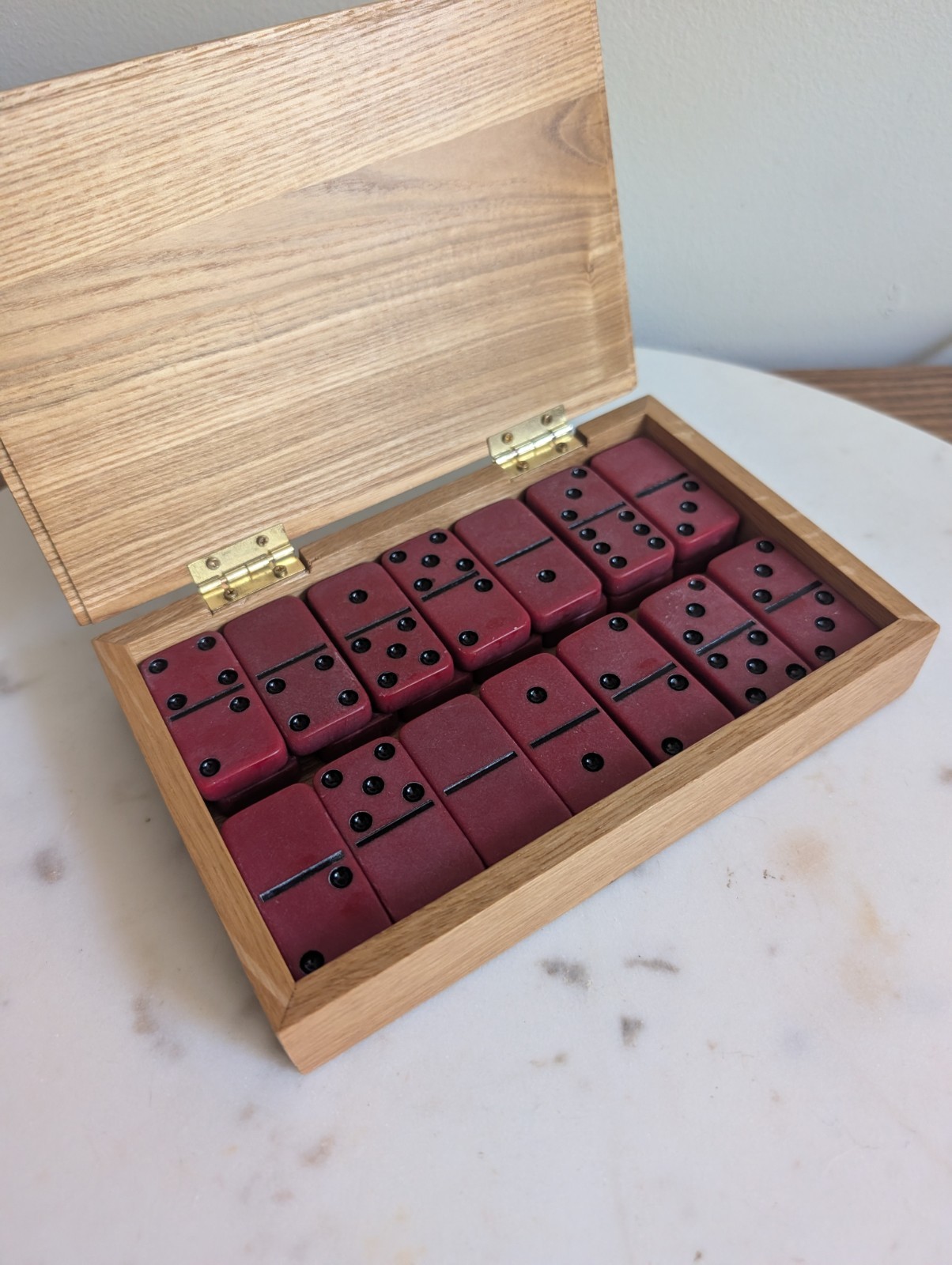 Dominoes Set 28 Tiles in Handmade Wood Storage Box Scorpion Inlay Lid