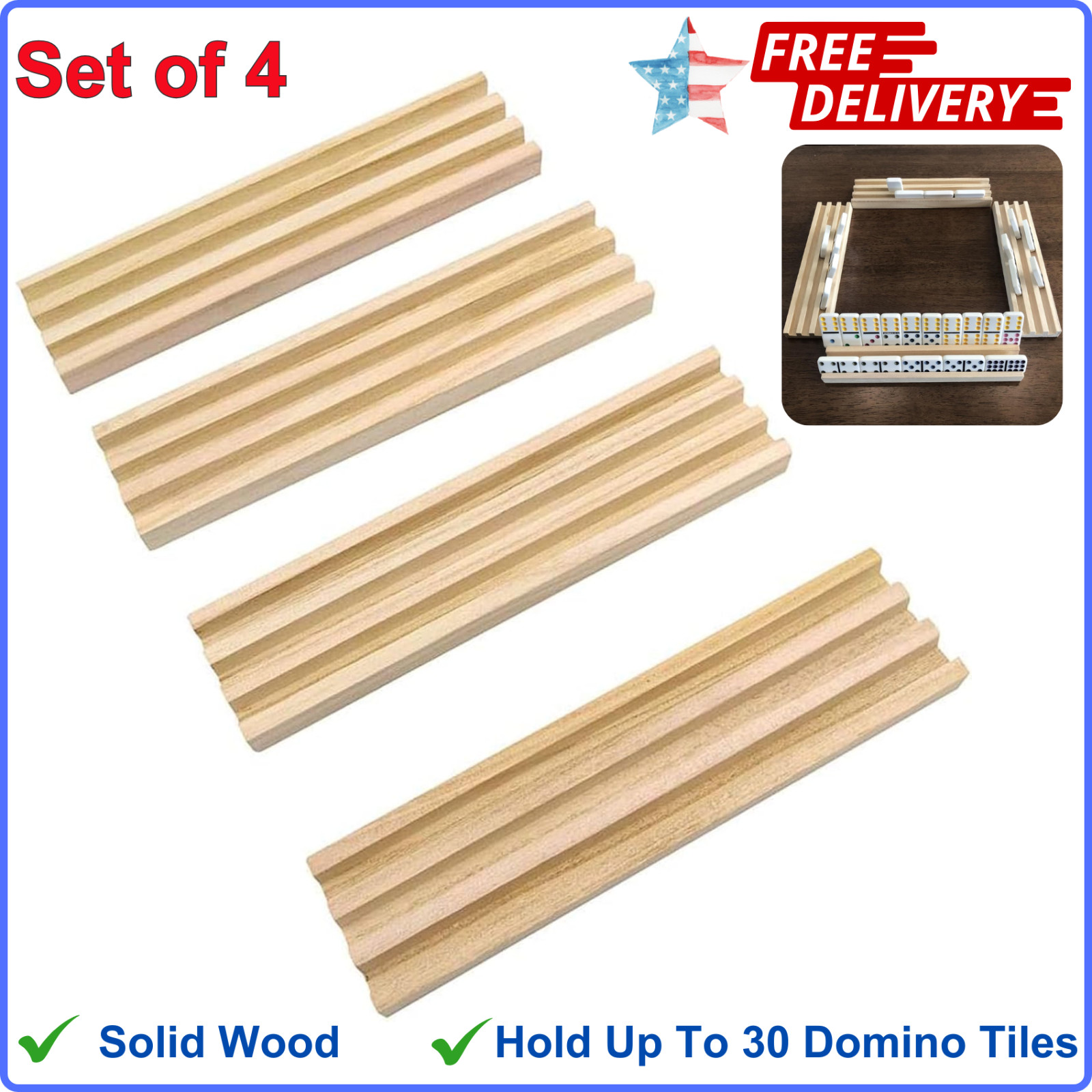 Domino Trays Holders Rack – Set of 4 Wooden Tiles Stand Holders Dominos Boards